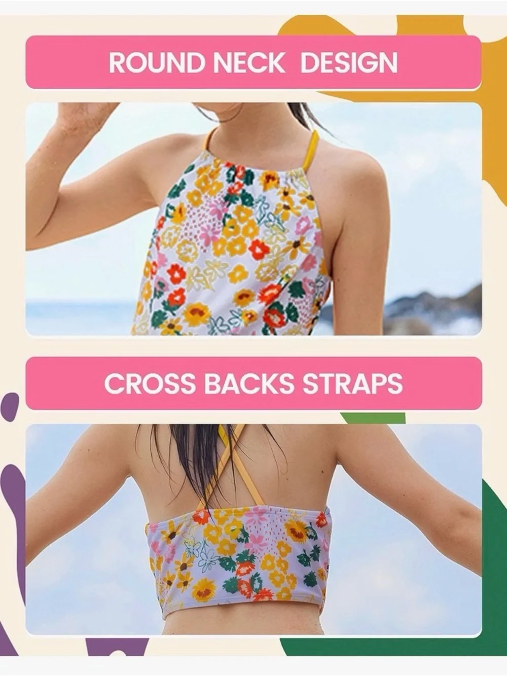 Girls Yellow Floral High-Neck Two-Piece Swim Set